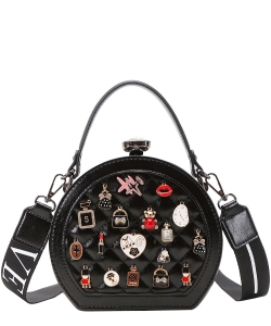 Charming 3D Accented Round Frame Stoned Satchel-Clutch 89978 BLACK